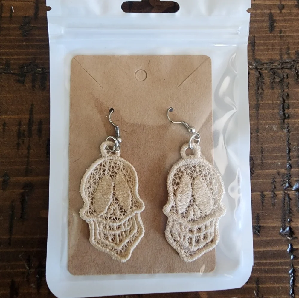 Spooky Cream Lace Skull Earrings-Halloween Lace Hypoallergenic Earrings